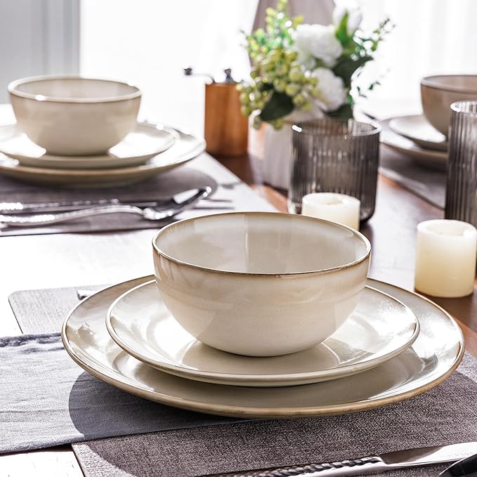 GBHOME Ceramic Dinnerware Sets for 6, 18 Pieces Stoneware Plates and Bowls Sets, Reactive Glaze Dishes -Scratch Resistant, Dishwasher&Microwave Safe-Cappuccino