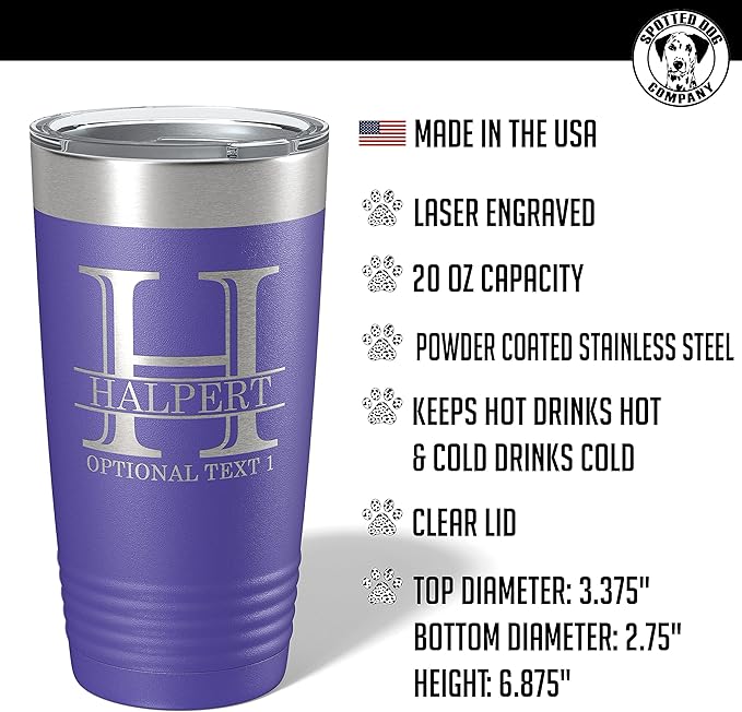 Personalized 20oz (17 Colors) Powder Coated Insulated Stainless Steel Tumbler with Lid, Custom Etched, Customized Engraved Gift Idea for Women Men Her Him, Halpert Monogram Initial Name (Purple)