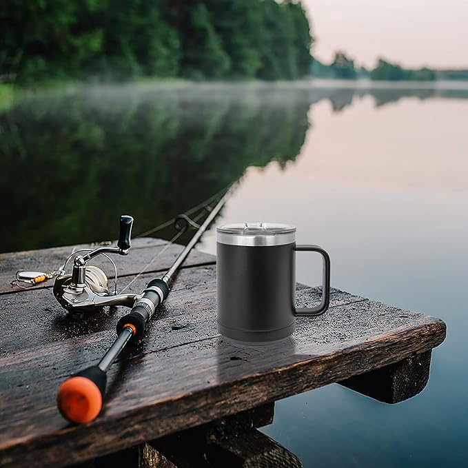 Clear Water Home Goods - (Bulk Pack of 12-15 oz Double Wall Coffee Mug with Lid and Handle, Double Insulated Stainless Steel Travel Tumbler Cup - Powder Coated - Black