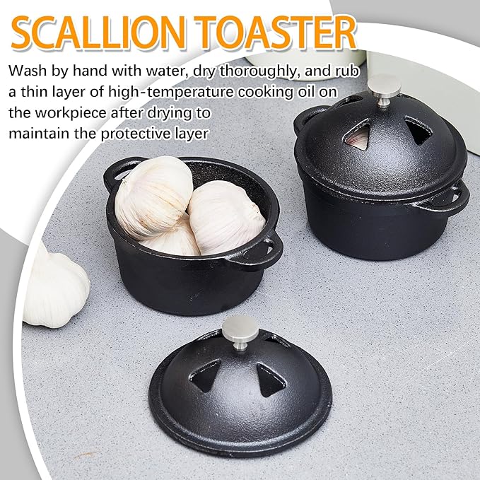 2 Pcs Garlic Roaster Baker Cast Iron Dutch Oven Pre-seasoned Cast Iron Pot 8 oz Mini Cocotte with Lid and Handle Small Black Potato Garlic Baker for Oven BBQ Grill Kitchen Outdoor