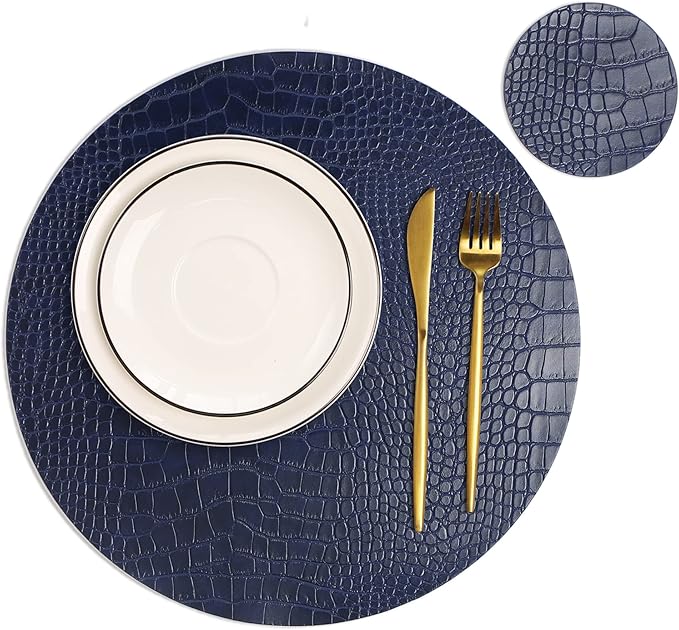 Round Leather Placemats for Round Tables Set of 8, Blue Table Place Mats and Coasters, Washable Easy to Care for Indoor Decor 13" Diameter