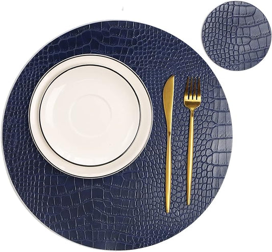 Round Leather Placemats for Round Tables Set of 6, Blue Table Place Mats and Coasters, Washable Easy to Care for Indoor Decor 13" Diameter