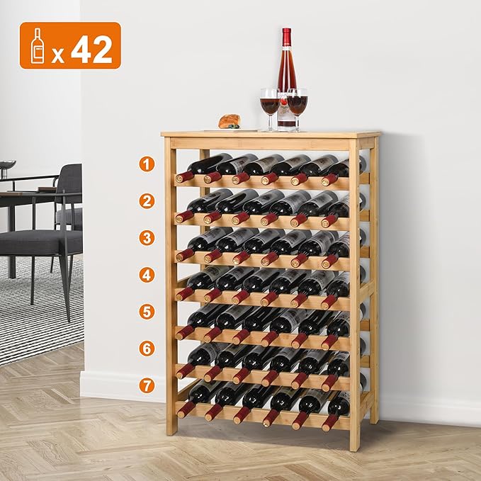 VASMIA 42 Bottles Bamboo Wine Rack,7-Tier Wine Rack Freestanding Floor with Table Top, Wine Storage Shelf for Kitchen Dining Room Bar,Natural
