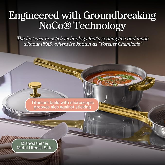 Our Place Mini Titanium Perfect Pot Pro | 2.75 Qt Cooking Pot with Lid & Silicone Spoon | PFAS-Free Nonstick, Fully-Clad Tri-Ply Stainless Steel & Aluminum | Induction & Oven-Safe up to 750째F | Gold