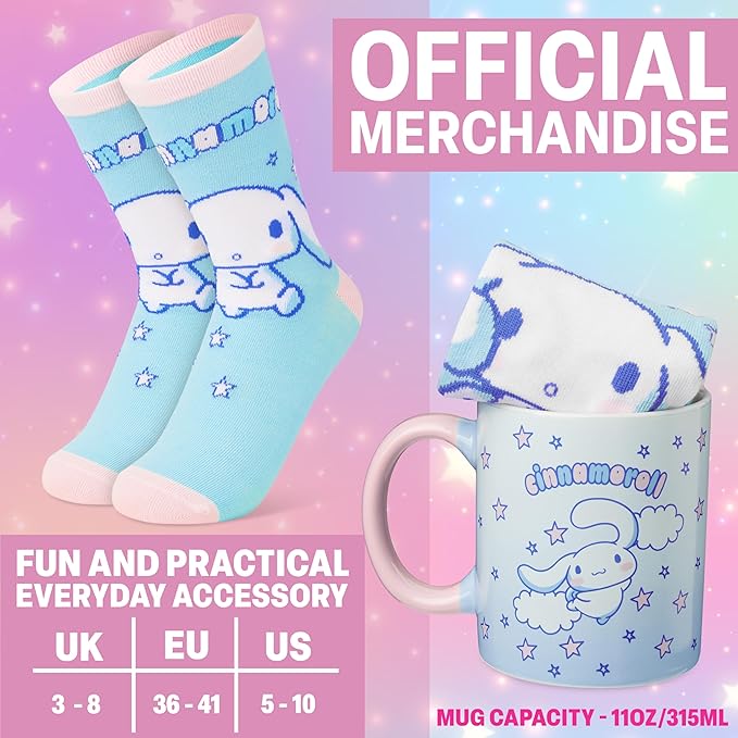 Get Trend Cinnamoroll Sanrio Coffee Mug, Socks Set, 11.5 oz Ceramic Cup Crew Socks, Kawaii Drinkware Christmas, Secret Santa Gifts for Women (Blue Cinnamoroll)