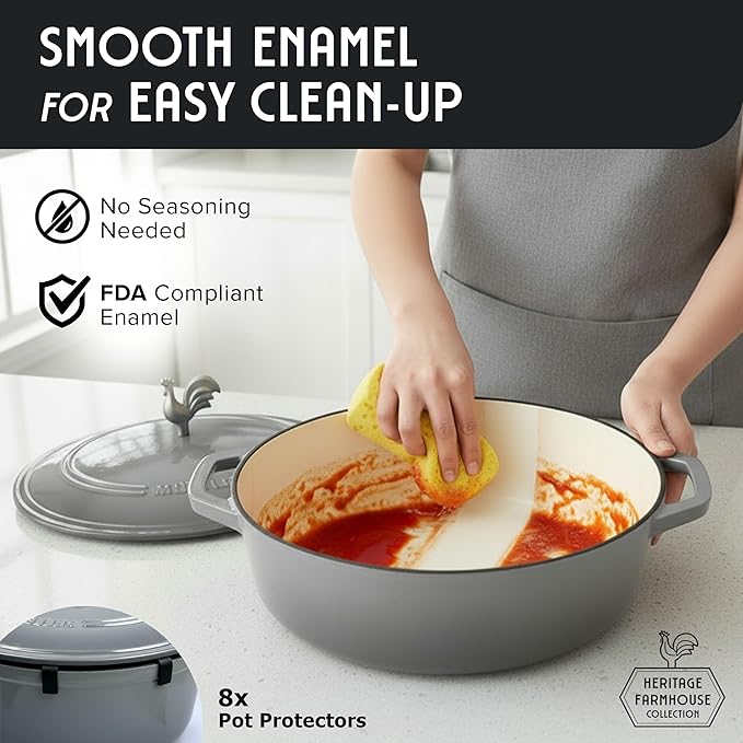 MUELLER HOME 5.5 Quart Enameled Cast Iron Oval Dutch Oven with Rooster Knob & Cotton Potholders, Heavy-Duty Cookware, Oven-Safe up to 500째 F & Across All Cooktops, Gifts for Grandma & Women, Gray