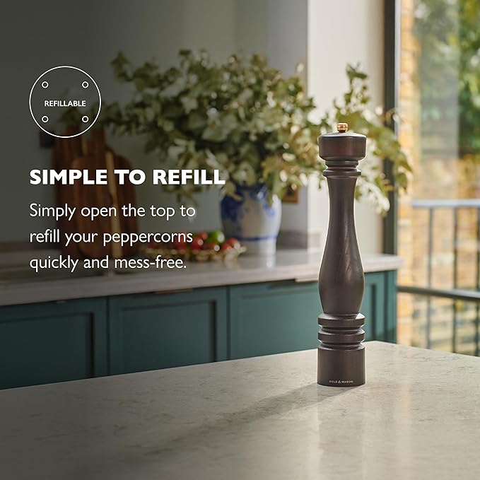 Cole & Mason London Refillable Spice Mill - Kitchen & Home Accessory - Table Black Pepper Grinder - Pepper Mill with Carbon Steel Mechanism - 15", Chocolate Wood