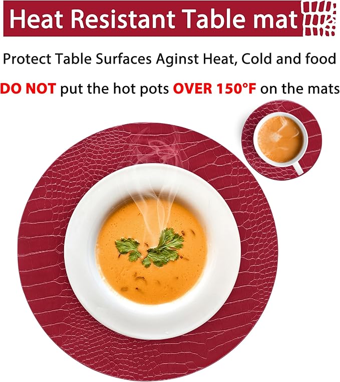 Jovono Round Leather Placemats for Round Tables Set of 8, Red Place Mats and Coasters, Wipeable Waterproof Heat Resistant Table Mats Easy to Care for Indoor Decor 13 inch Diameter