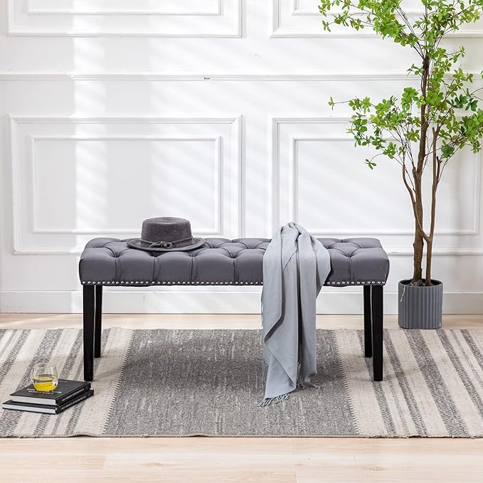 KCC Button-Tufted Ottoman Bench, Upholstered Bedroom Benches Velvet Footrest Stool Accent Bench for Entryway Dining Room Living Room Bedroom End of Bed, Dark Gray