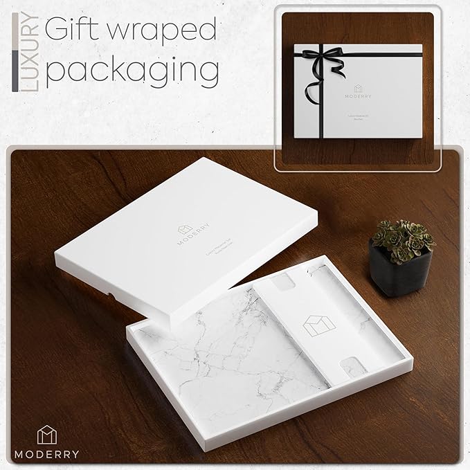 Moderry Set of 4 Heat Resistant Cork Placemats for Dining Table with Free Set of 4 Matching Drink Coasters Marble Design 16 x 12 Inches Cork Backed Hard Placemats (White Marble)