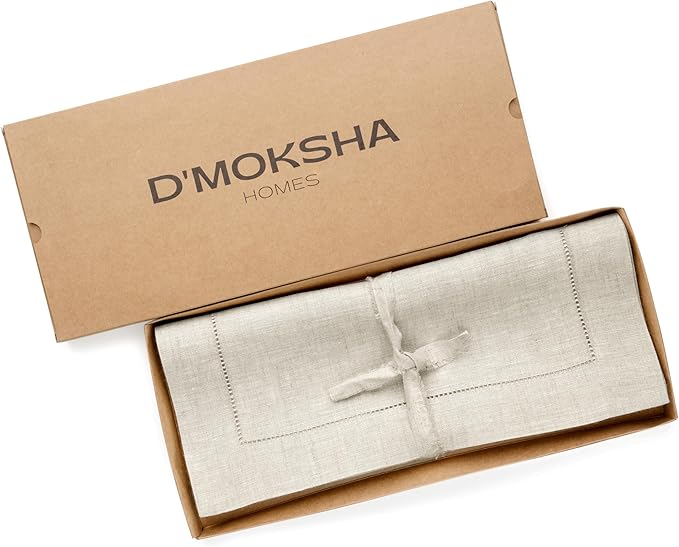 D'Moksha Homes Light Natural Linen Cloth Placemats Set of 8-100% Pure Linen Hemstitch Placemats 14 x 19 Inch - Classic Hemstitch Table Place Mats for Valentines, Easter - Machine Washable