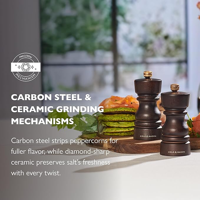 Cole & Mason London Refillable Spice Mill - Kitchen & Home Accessory - Salt & Pepper Grinder Set - Salt Mill with Ceramic Mechanism - Pepper Mill with Carbon Steel Mechanism - 5", Chocolate Wood