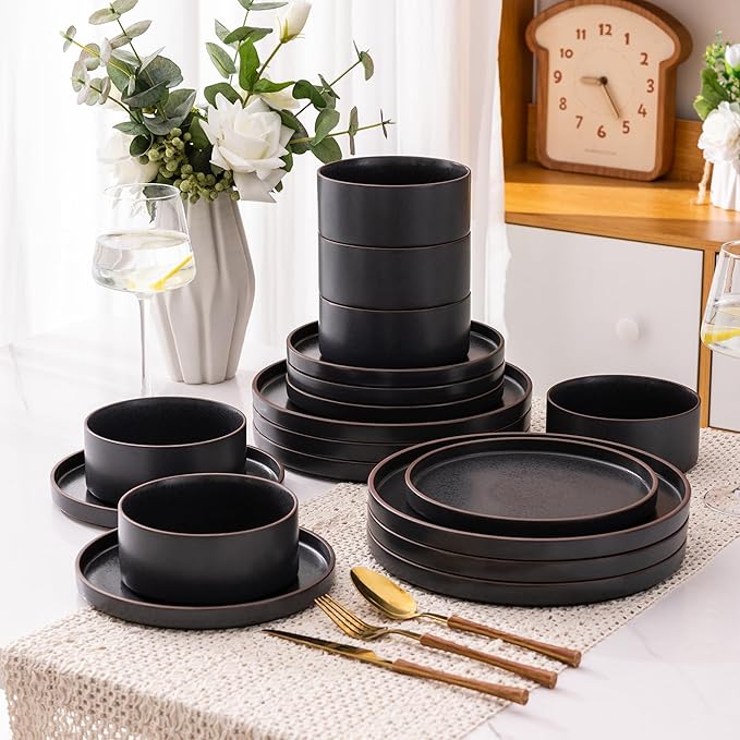 LERATIO Ceramic Dinnerware Sets for 6, High Edge Stoneware Plates and Bowls Set, Chip and Crack Resistant | Oven & Dishwasher & Microwave Safe Dishes Set, Service for 6 -Ashen