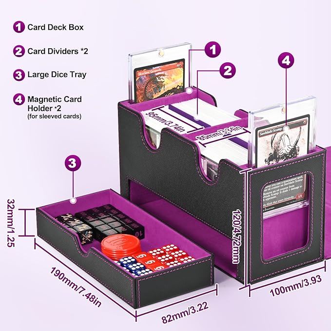 Card Deck Box for MTG, Double Card Storage Box with 2 Commander Display & 1 Dice Tray, Fits 200+ Double Sleeved Cards, Organizer for CCG TCG Sports Cards (Black Purple)