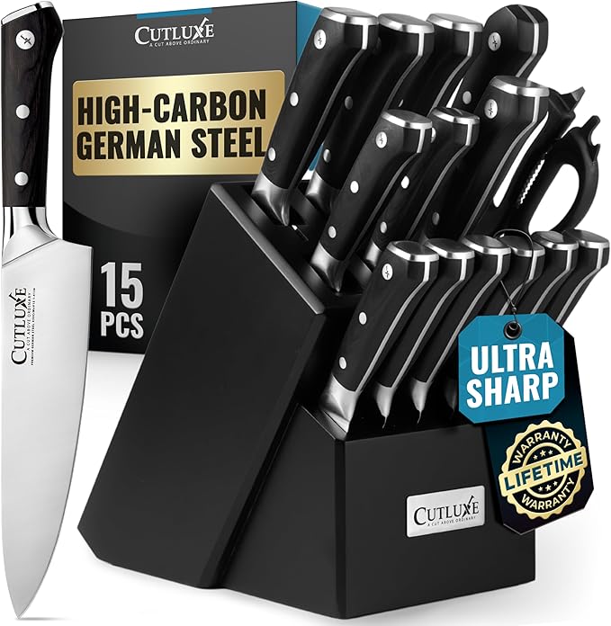 Cutluxe 15-Piece Knife Set ??Premium Black Wood Block ??Knife Set for Kitchen, Ultra Sharp High Carbon German Stainless Steel, Full Tang ??Artisan Series