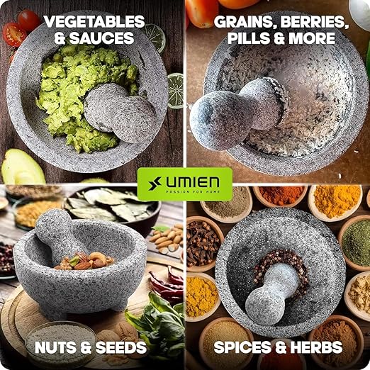2 Sets Umien??Granite Mortar and Pestle Set - 100% Granite - 3.5-Cups - 8-Inch ??Avocado Tool Included ??Natural Stone Molcajete for Spices, Pestos, & Guacamole (Grey) - Stone Grinder - Guacamole