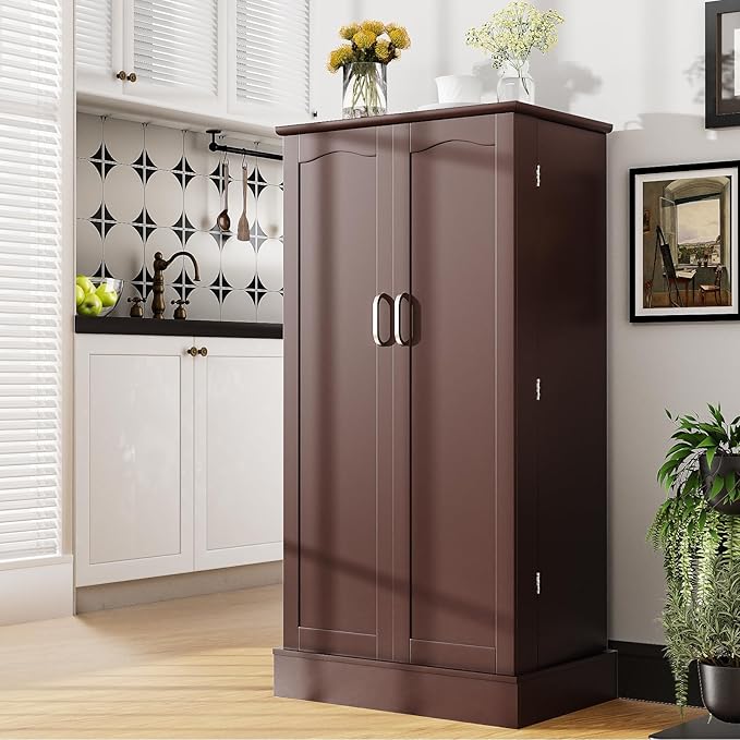 47??Pantry Cabinet, Kitchen Pantry Storage Cabinet with Doors & Adjustable Shelves, Brown Freestanding Buffet Cupboards Sideboard for Living Room and Dinning Room, Sturdy and Durable