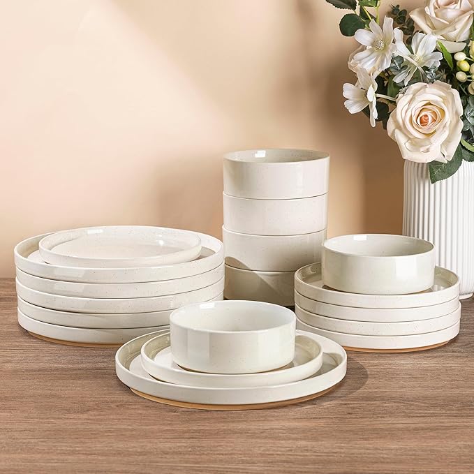 AmorArc Ceramic Dinnerware Set for 8 | Speckled Stoneware Plates and Bowls with Rustic Terracotta Underside| Scratch Resistant,Dishwasher & Microwave Safe Dishes Sets- 24pcs Beige