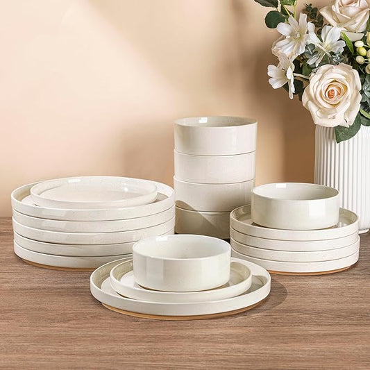 AmorArc Ceramic Dinnerware Set for 8 | Speckled Stoneware Plates and Bowls with Rustic Terracotta Underside| Scratch Resistant,Dishwasher & Microwave Safe Dishes Sets- 24pcs Beige