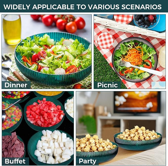10 Pack 10 Inch Large Plastic Serving Bowls Salad Mixing Bowl Vertical Ribbed Pattern Buffet Party Serving Bowls for Vegetable Fruit Salad Candy Chip Popcorn Snack(Peacock Blue)