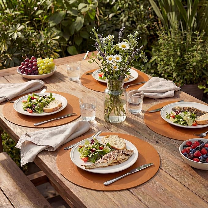 Artoid Mode Rust Faux Leather Placemats Set of 4, 15 Inch Waterproof Wipeable Heat Resistant Place Mats, Reversible Table Mats for Fall Kitchen Dining Decor