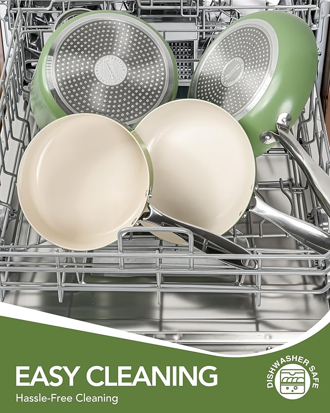MICHELANGELO Pots and Pans Set Non Stick - Ceramic Cookware Set Non Toxic, 8-Pcs Nonstick Pots and Pans with Ergonomic Handle, Dishwasher Safe & Induction Compatible, Green