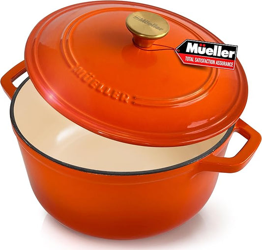 MUELLER HOME 6 Quart Enameled Cast Iron Dutch Oven for Bread Baking, Heavy-Duty Oven-Safe up to 500째 F, & Across All Cooktops, House Warming Gifts New Home, Cast Iron Cookware, Gifts for Women, Orange