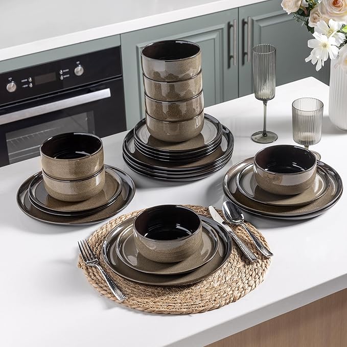 LeRatio Ceramic Dinnerware Sets for 4,12-Piece Plates and Bowls,Handmade Reactive Glaze Dishes Set, Scratch Resistant | Oven&Dishwasher & Microwave Safe,Service for 4竊?2pcs),Modern-Chestnut