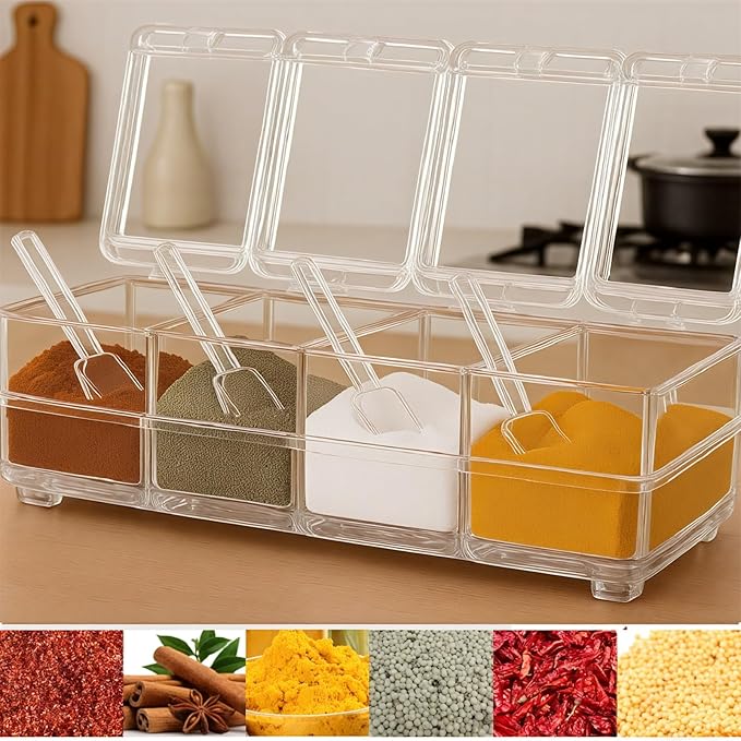 Clear Seasoning Box, 4 Pieces Seasoning Rack Spice Pots with Lids and Spoons, Toppings Containers, Acrylic Seasoning Box for Salt Spice, Pepper, Sugar, Cardamon, Cinnamon