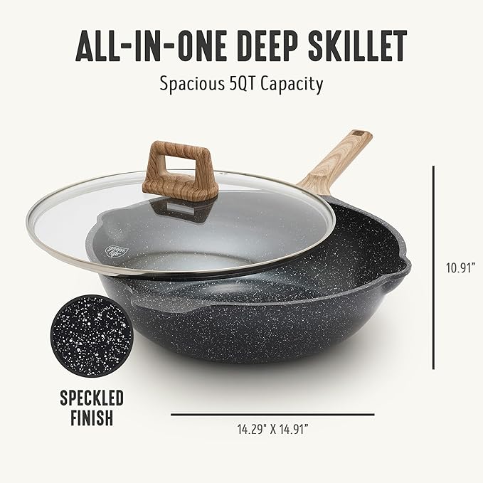 GreenLife Nonstick 12??(5QT) All in One Deep Skillet Wok with Lid, PFAS-Free Non-Toxic Ceramic Multi-Purpose Pan, Induction, All Stovetop, Egg, Stir Fry, Saute, Stay Cool Handle, Granite Black