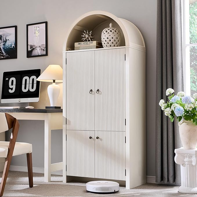 71" Tall Arched Bookcase with Doors, Morden Fluted Bookshelf w/Storage & 3 Adjustable Shelves, 6 Door Shelves,Wooden Standing Versatile Cupboard for Home Office, Living Room, Antique White
