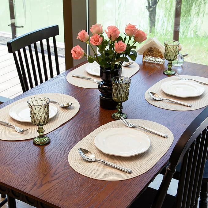 Noctiflorous Oval Braided Placemats Set of 8 Woven 12x18 Inch Non Slip Washable Heat Resistant Place Mats Round Tablemats for Dining Kitchen Party Daily Table Decor Dinner Mats (Beige, 8)