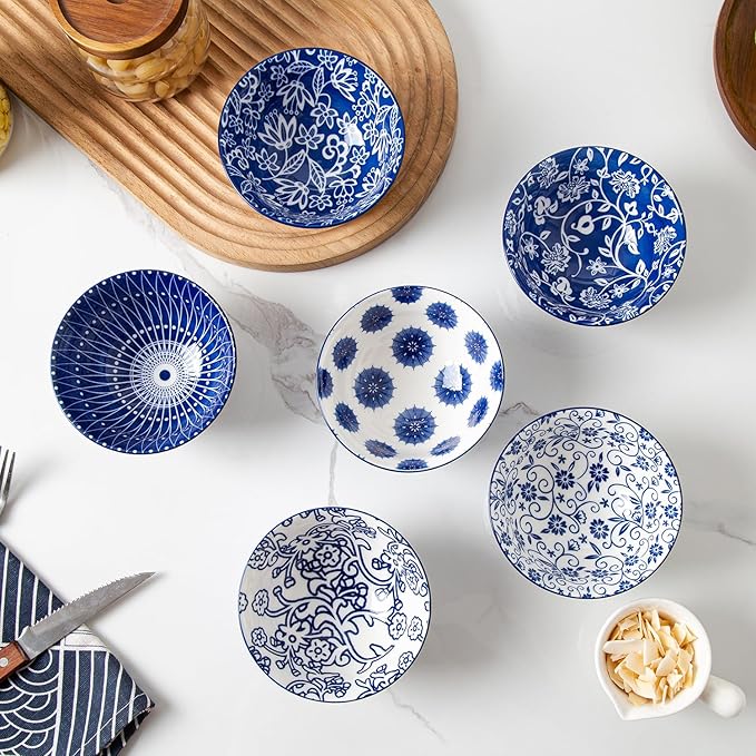 Cerkik Ceramic Dessert Bowls Set - Small 12 Oz Cereal Bowls - 4.75 Inch Ice Cream Bowls for Fruit, Snack, Side Dishes, Dipping Sauce - Microwave Dishwasher Safe - Set of 6 - Vintage Blue