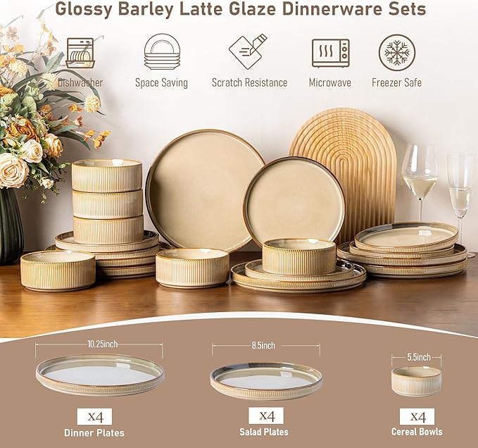 GBHOME Stoneware Dinnerware Sets for 4,Round Reactive Glaze Ceramic Plates and Bowls Set,Highly Scratch Resistant | Dishwasher & Microwave Safe Dishes Set,Service for 4(12Pcs),Barley Latte