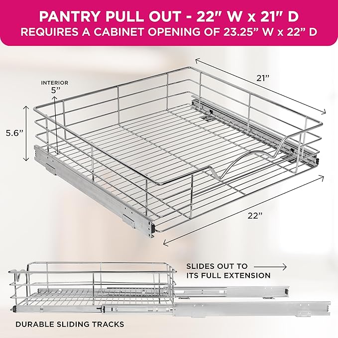 HOLDN??STORAGE Heavy-Duty Premium Collection Pull Out Cabinet Organizer, Cabinet Drawer Slide Outs, Lifetime Limited Warranty - Basket Size 22" W x 21" D x 5" H, Anti-Rust Chrome Finish