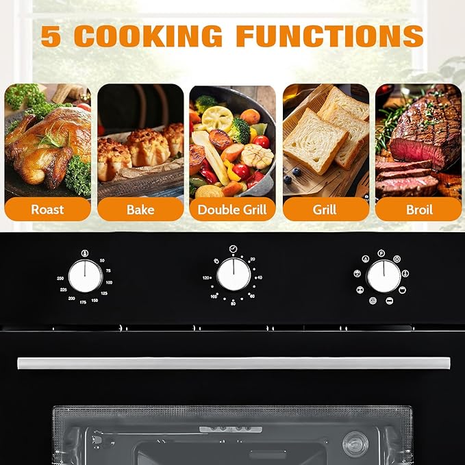 24 Inch Built-In Electric Wall Oven, 2.5 Cu.Ft Single Convection Oven with 8 Cooking Functions, 3000W High-Power Heating, Mechanical Knob Controls, Modern Black Finish