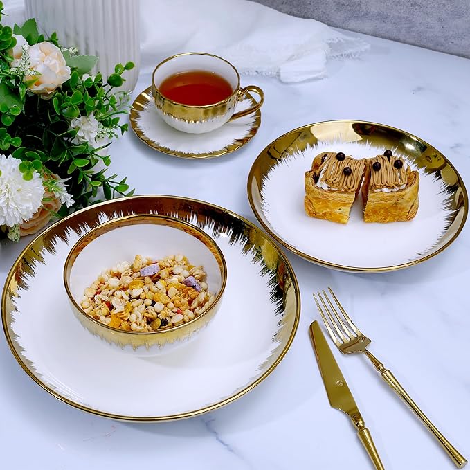 Luxury 12 Piece Porcelain Dinnerware Sets Service for 4, Modern Stoneware Plates and Bowls Sets,Ceramic Dish Set, Highly Chip and Crack Resistant Modern Plate Set, White and Gold