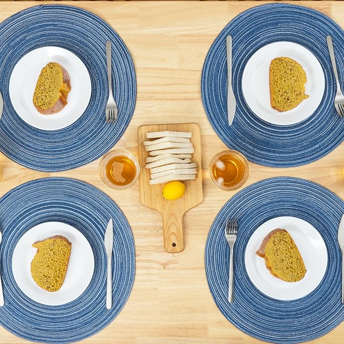 Winknowl Round Braided Placemats Set of 4 Washable Woven Heat Resistant Table Mats for Kitchen Dining Tables 15 inch Round Place Mats (Seascape Blue,4)