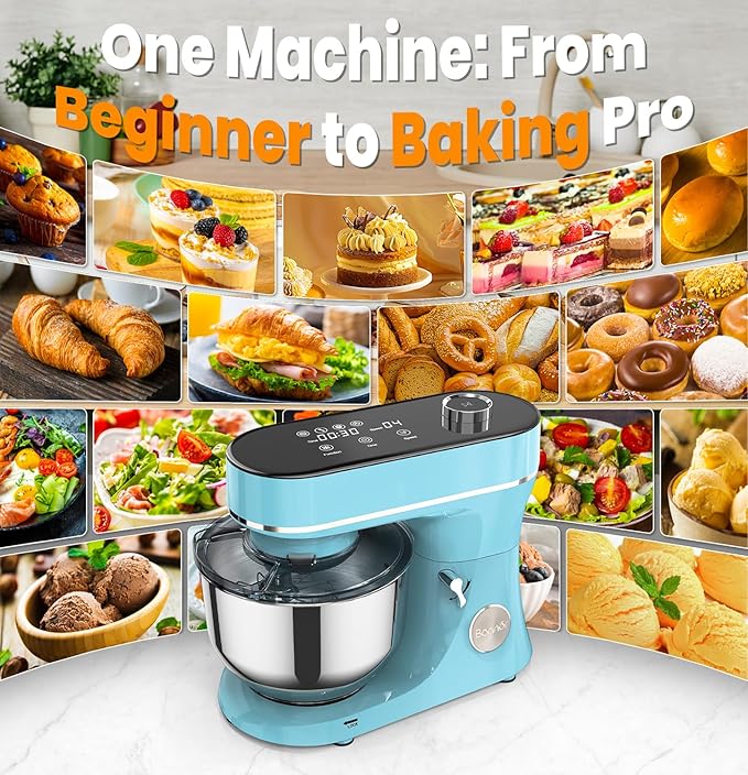 Stand Mixer 6QT Kitchen Mixer with LED Smart Touchscreen, 11-Speed Tilt-Head Mixer with Timer, 4 Preset Menus, Stainless Steel Bowl, Dough Hook, Whisk, Beater,Blue