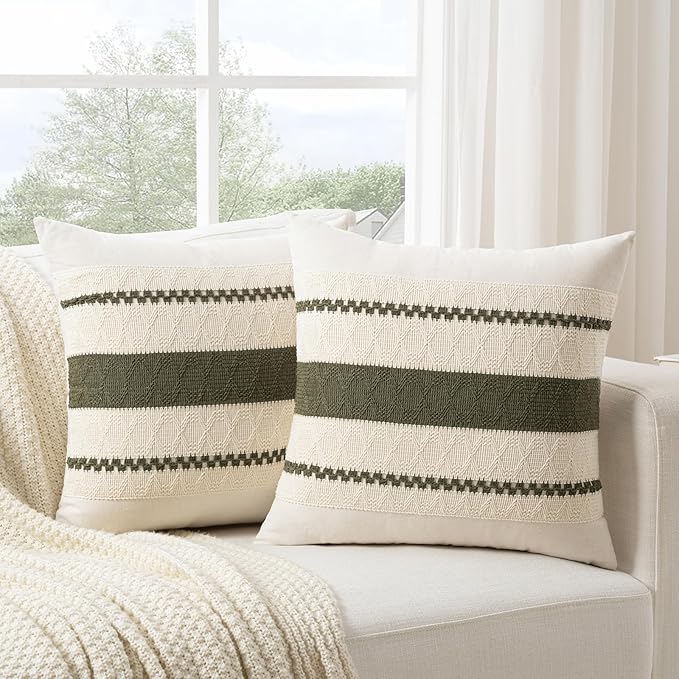 Fancy Homi Set of 2 Boho Olive Green Decorative Throw Pillow Cover 20x20 Inch for Couch Bed Sofa, Aesthetic Modern Organic Farmhouse Home Decor, Soft Cotton Cute Accent Macrame Woven Cushion Case