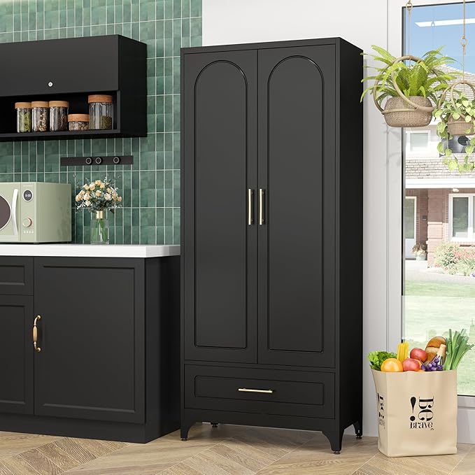 Metal Storage Cabinet with Drawers,75Inch Black Pantry Cabinets for Kitchen Storage with 3 Adjustable Shelves,Tall Kitchen Pantry Cabinet for Living Room, Dining Room竊똎ffice