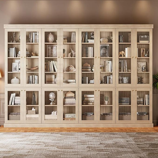 70.8" Bookshelf with Glass Doors, Farmhouse Modular Bookcase with 6-Tier Adjustable Shelves, Large Storage Cabinet for Living Room & Home Office, Set of 4, Brown