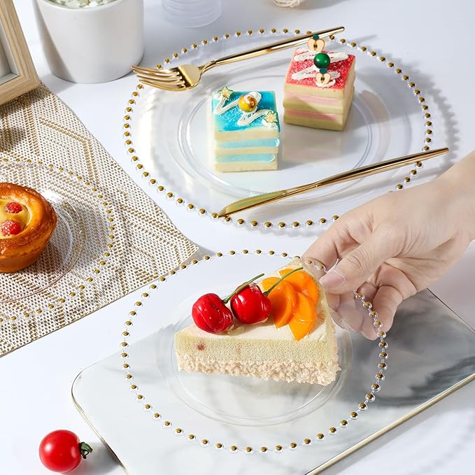 EI 60pcs Clear Plastic Plates with Gold Rim,Disposable Plastic Plates for Party,Fancy Dinner/Dessert Plate Heavy Duty for Wedding,Birthday,Afternoon Tea,Spring,Mother's Day,Valentine's Day,Easter
