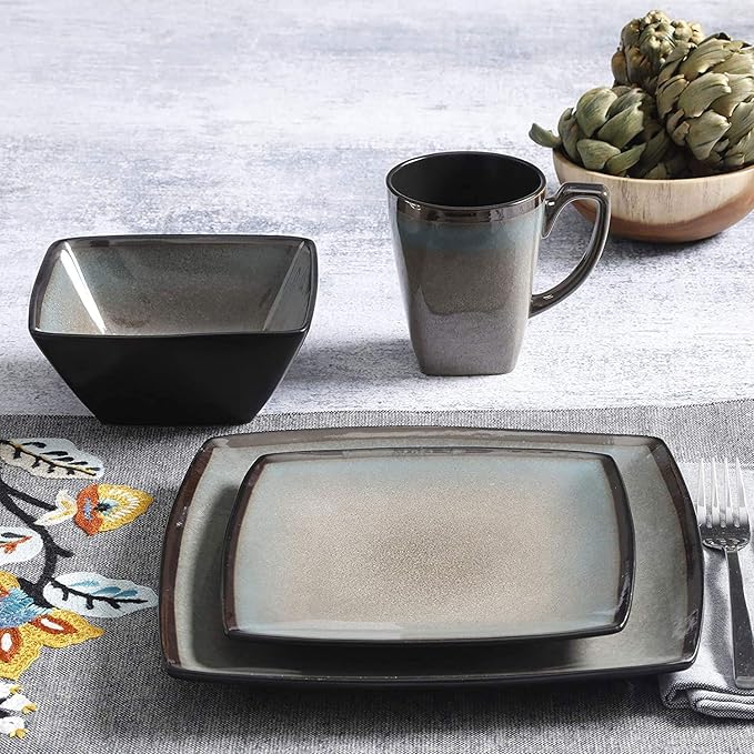 Gibson 101859.16RM Elite Tequesta 16 Piece Square Glazed Durable Dinnerware Set with Plates, Bowls, & Mugs, Microwave/Dishwasher Ready, Taupe (3 Pack)
