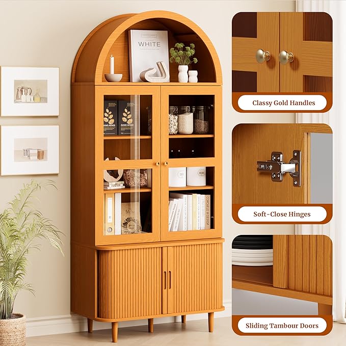 71" Tall Arched Kitchen Pantry, Modern Farmhouse Wood Kitchens Storage Cabinets with Sliding Doors竊?Adjustable Shelves, Versatile Cupboard for Kitchen, Living Dining Room, Bathroom (Yellow Walnut)