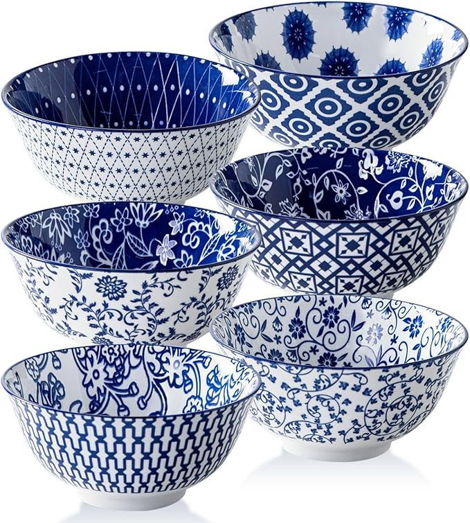 Cerkik Ceramic Soup Bowls Set - 24 Oz Deep Cereal Bowl for Kitchen - 6 Inch Large Porcelain Dinner Bowl Eating Salad Pasta Dessert Oatmeal - Microwave Dishwasher Safe - Set of 6 - Vintage Blue