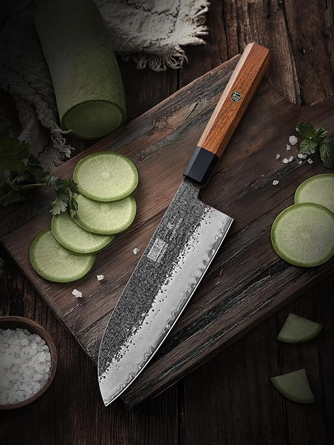 HOSHANHO Santoku Knife 7 Inch, Japanese Hand Forged Chef Knife, Ultra Sharp High Carbon Steel Kitchen Knife with Octagonal Rosewood Handle