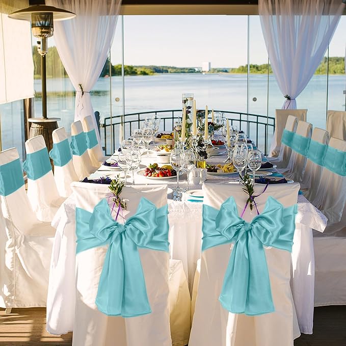 Bencailor 24 Pcs Light Blue Satin Table Runner Bulk 12 x 108 Inches Long Table Runners Bright Smooth Fabric Tablecloth for Wedding Banquet Birthday Valentines St Patrick's Day Party Decorations