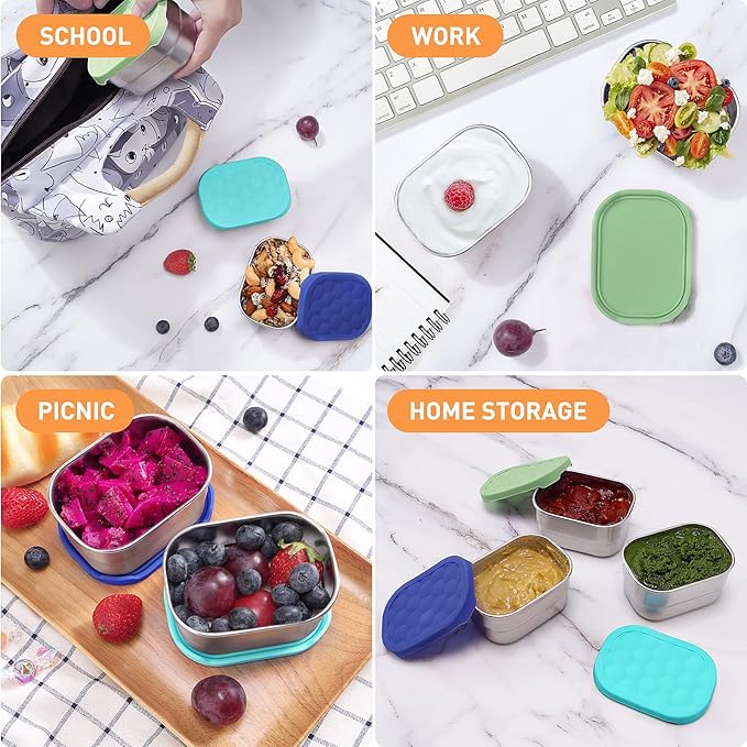 Tanjiae Small (1 CUP) Stainless Steel Snack Containers for Kids | Easy Open Leak Proof Food Containers with Silicone Lids - Perfect Metal Toddler Lunch Box for Daycare and School (8oz)
