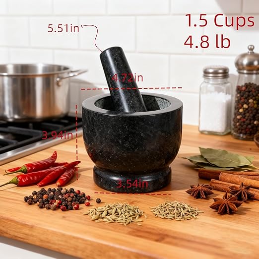 Heavy-Duty Mortar and Pestle Set, 1.5-Cup Granite Material, with Non-Slip Base, 4.72-inch Mexican Grinder, for Grinding Spices and Seeds, Seasoning and Spice Tool (Black, 1.5Cup)